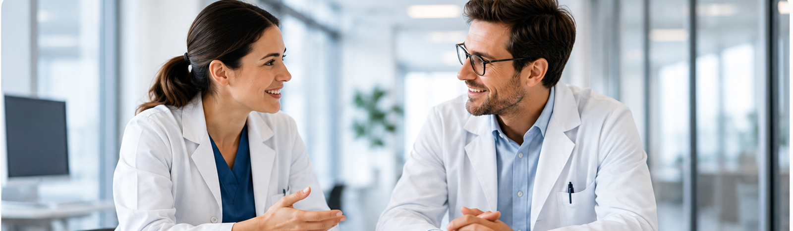 Ärztin und Arzt im Gespräch in einer modernen Klinik